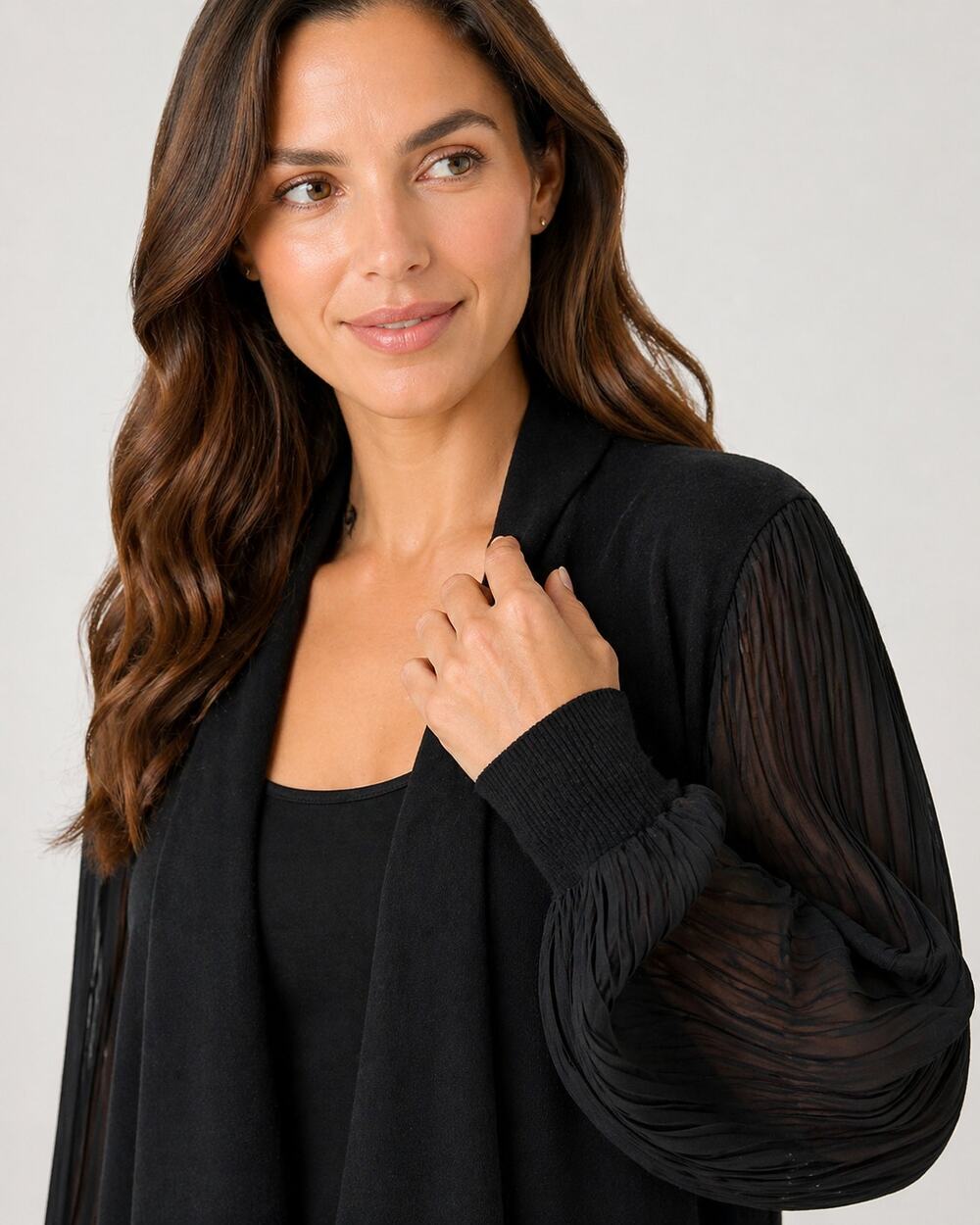 Siani Milano Waterfall Cardigan Sheer Accordion Long Sleeve Womens Medium Black